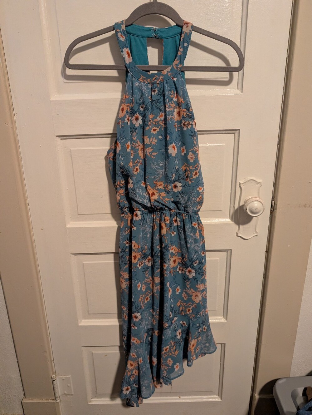 NWT Coquette Teal & Peach Floral Asymmetrical Halter Midi Dress City Studio
